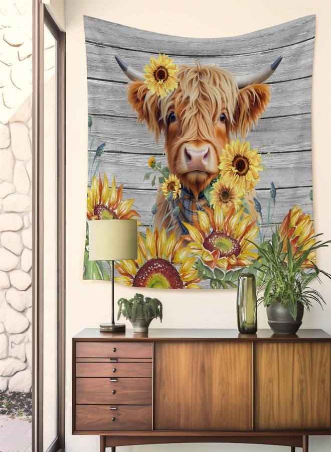 HUGANE Farmhouse Highland Cow Sunflower Tapestry, Rustic Sunflower Country Scottish Cow Wall Tapestries, Cute Highland Cattle Hanging Wall Decor for Bedroom Living Room Home, 50x60 Inch - Image 2